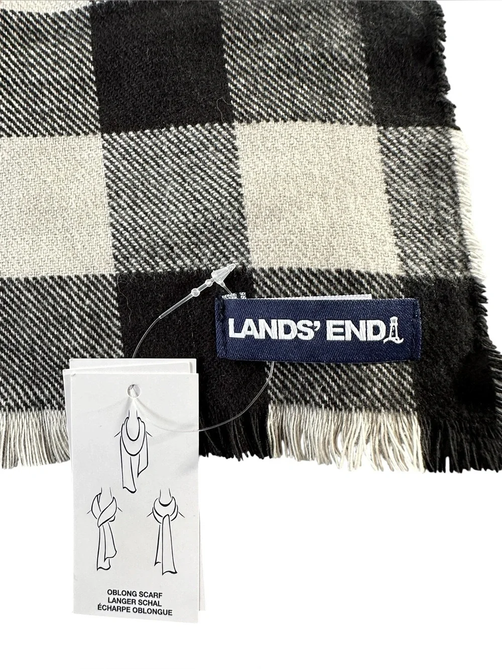 Lands End NWT Black & Cream Plaid CashTouch Winter Scarf Soft Fringe